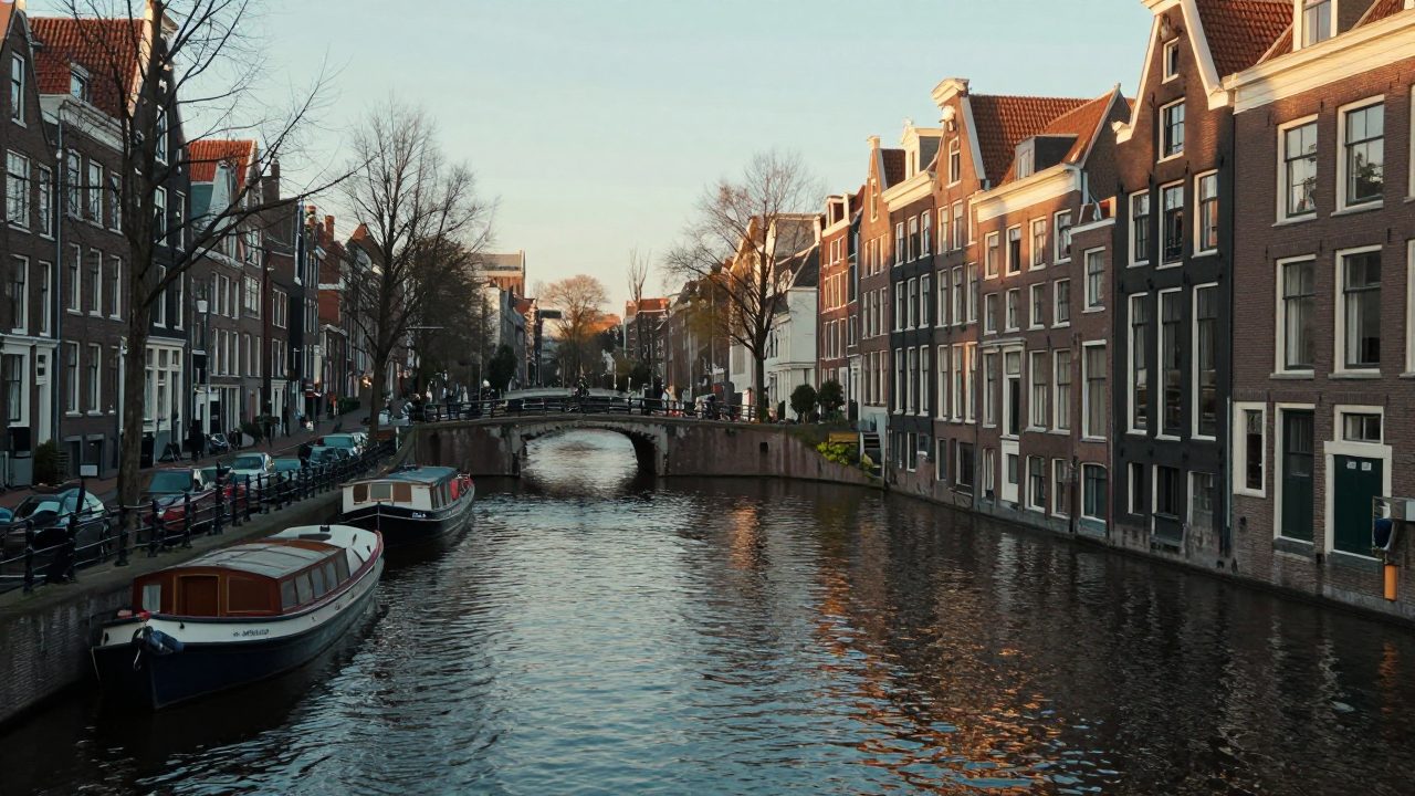 Amsterdamse grachten bij zonsondergang met brug en fietsers