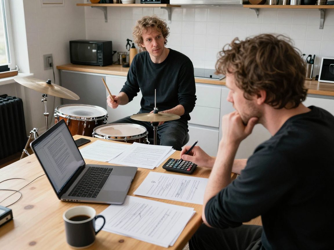 Bandleden bespreken planning en kosten aan tafel