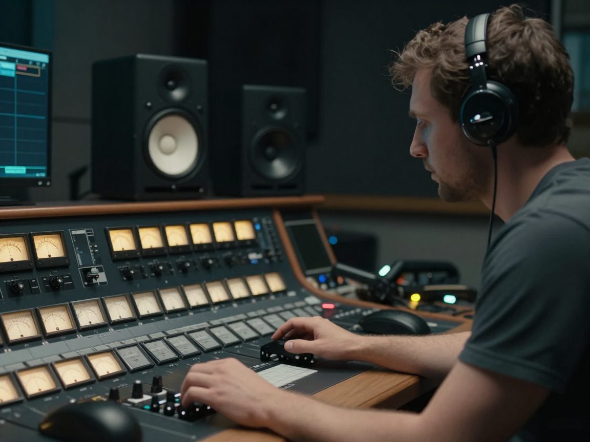 Engineer luistert op monitors en oordopjes voor mastering