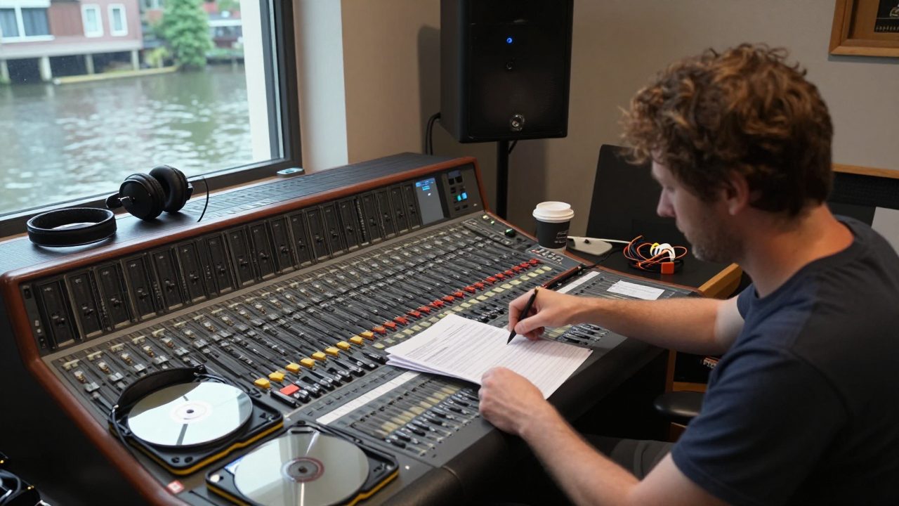 Producer sorteert harde schijven met mix-stems op een bureau