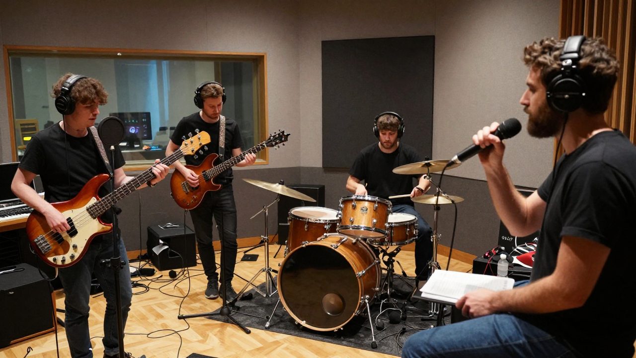 Band speelt live op in de studio met zicht op de regie