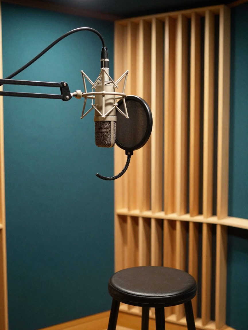 Detail van microfoon en akoestiek in de vocal booth