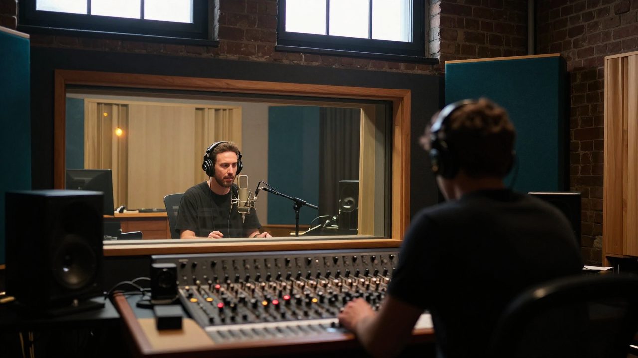 Zangeres met koptelefoon in live room, engineer achter glas in Amsterdamse studio