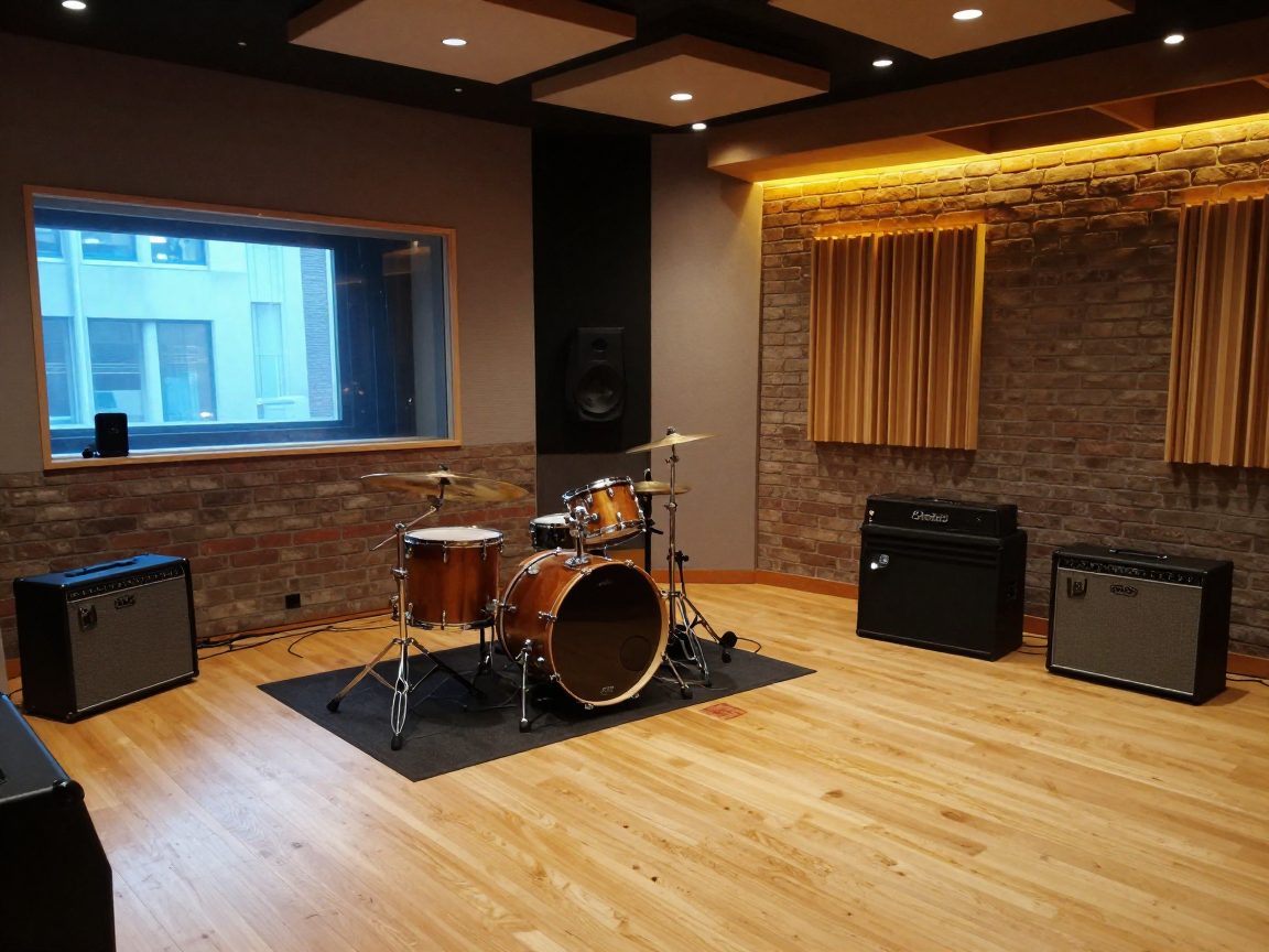 Lege live room met drums, gitaren en akoestische panelen in bakstenen ruimte