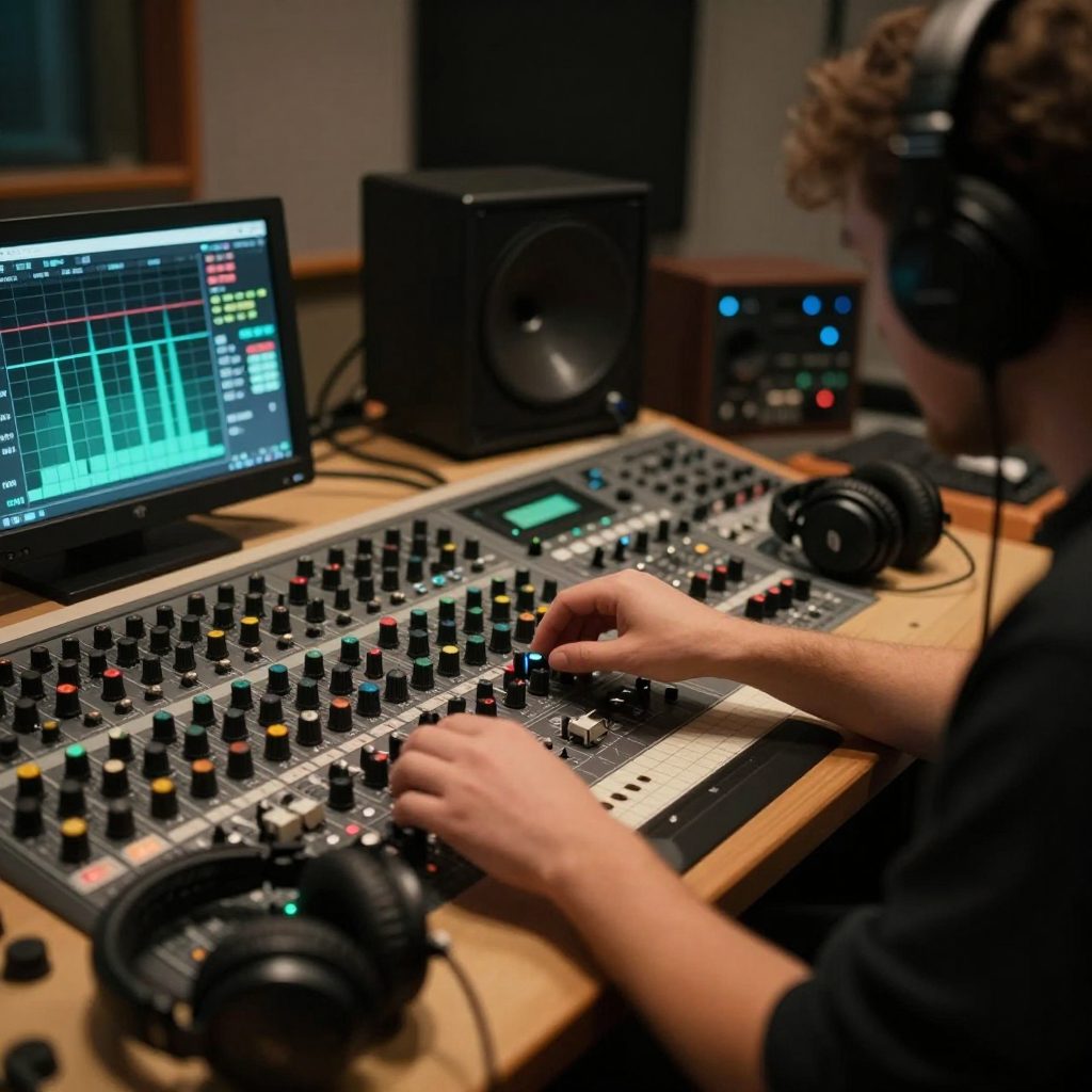 Mastering-engineer bedient outboard-apparatuur in de regie