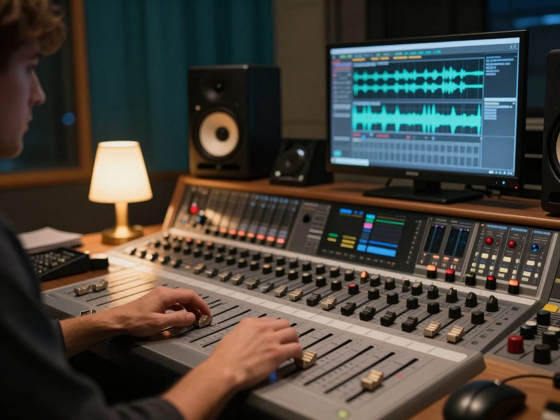 Mix-engineer aan de mengtafel met studiomonitors