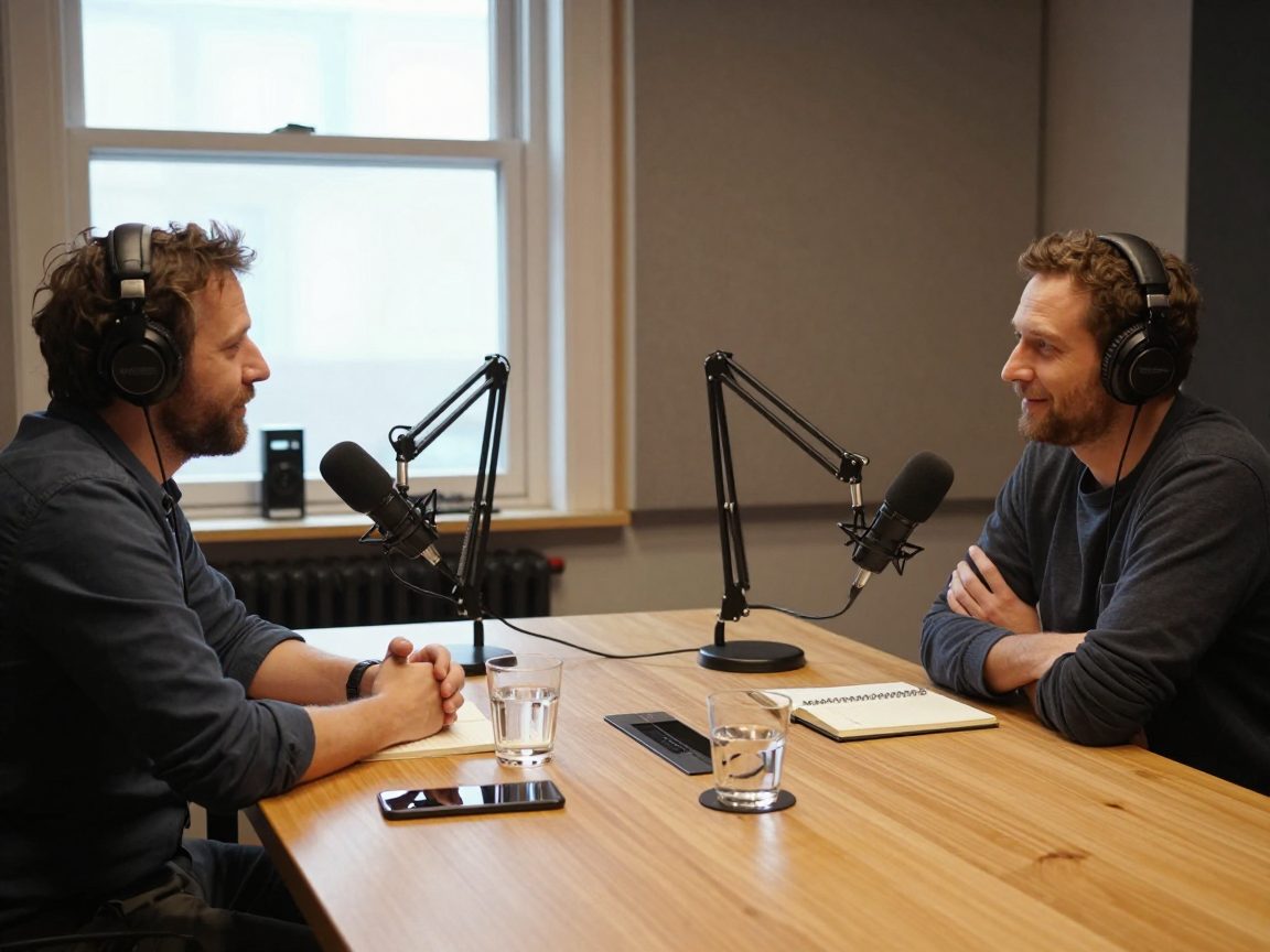 Twee podcastmakers met koptelefoons aan tafelmicrofoons