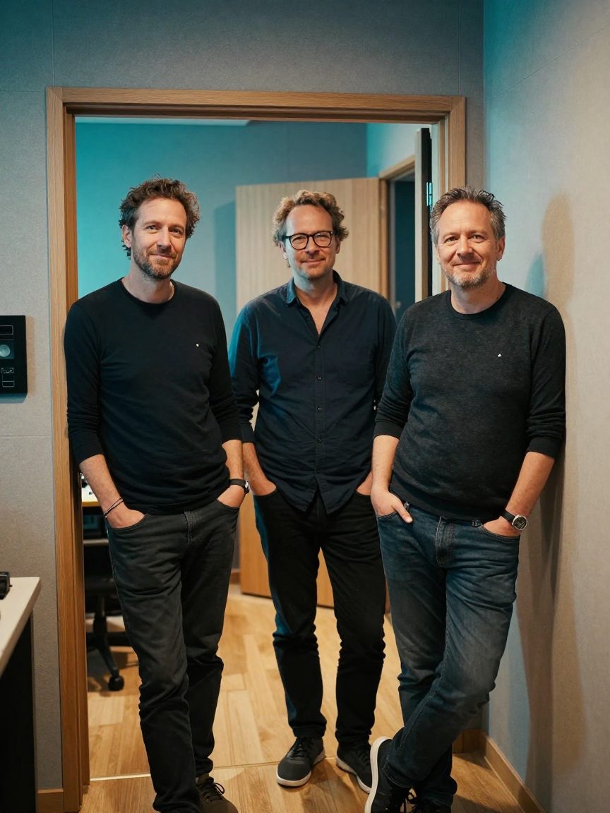 Drie teamleden van de studio in de gang bij de regie