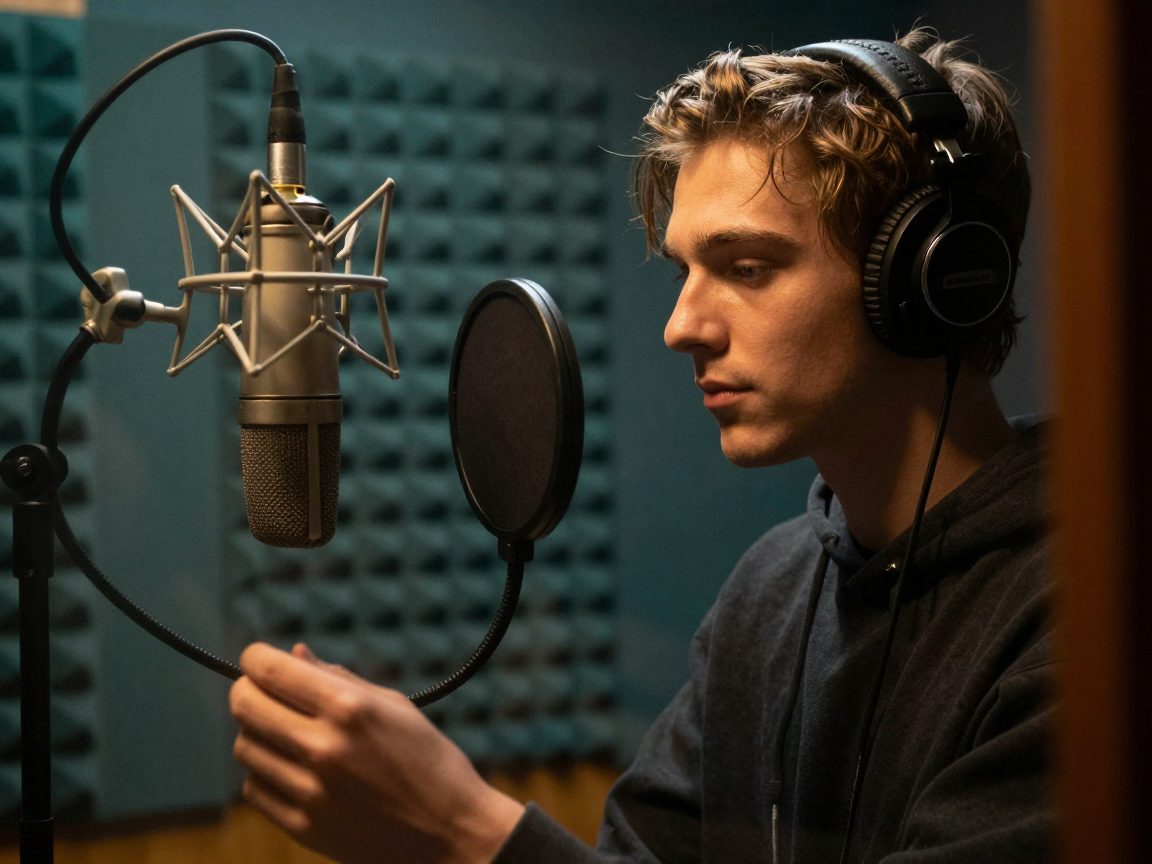 Vocalist in opnamecabine met microfoon en popfilter
